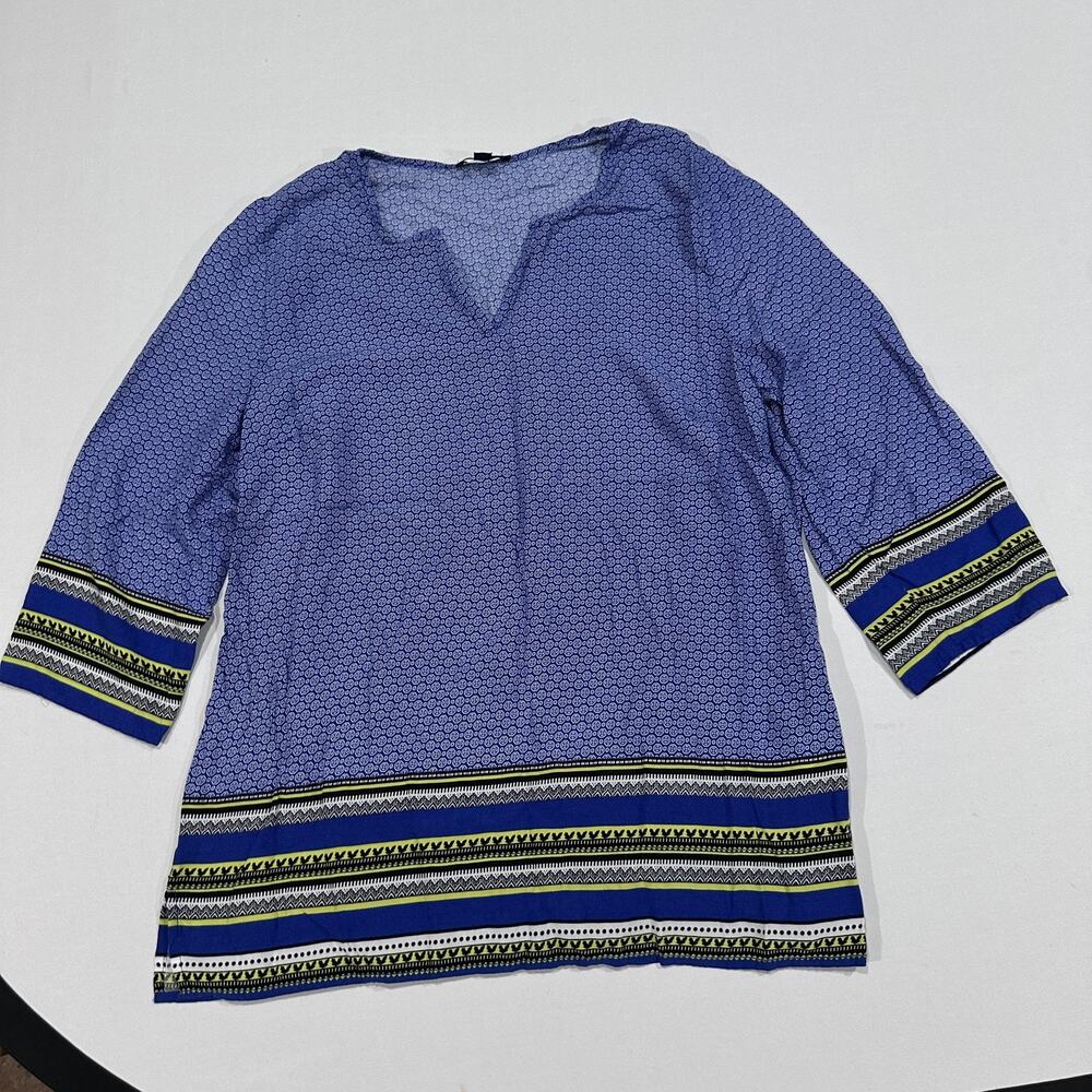 Willi Smith Blouse Womens L Blue Tunic 3/4 Sleeve V Neck Boho Hippie Prairie
